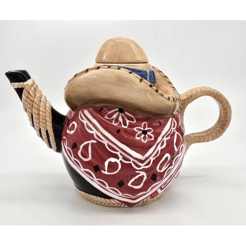 Young's Gifts Western Cowboy Coffee Teapot Unique Porcelain Red Bandana‎ NEW NIB